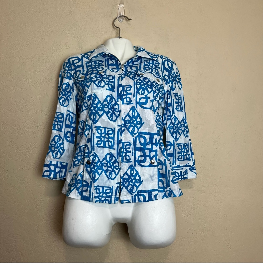 5/$30Women's Multiples Teal and White Cotton Zip Up Collared 3/4 sleeve Jacket M